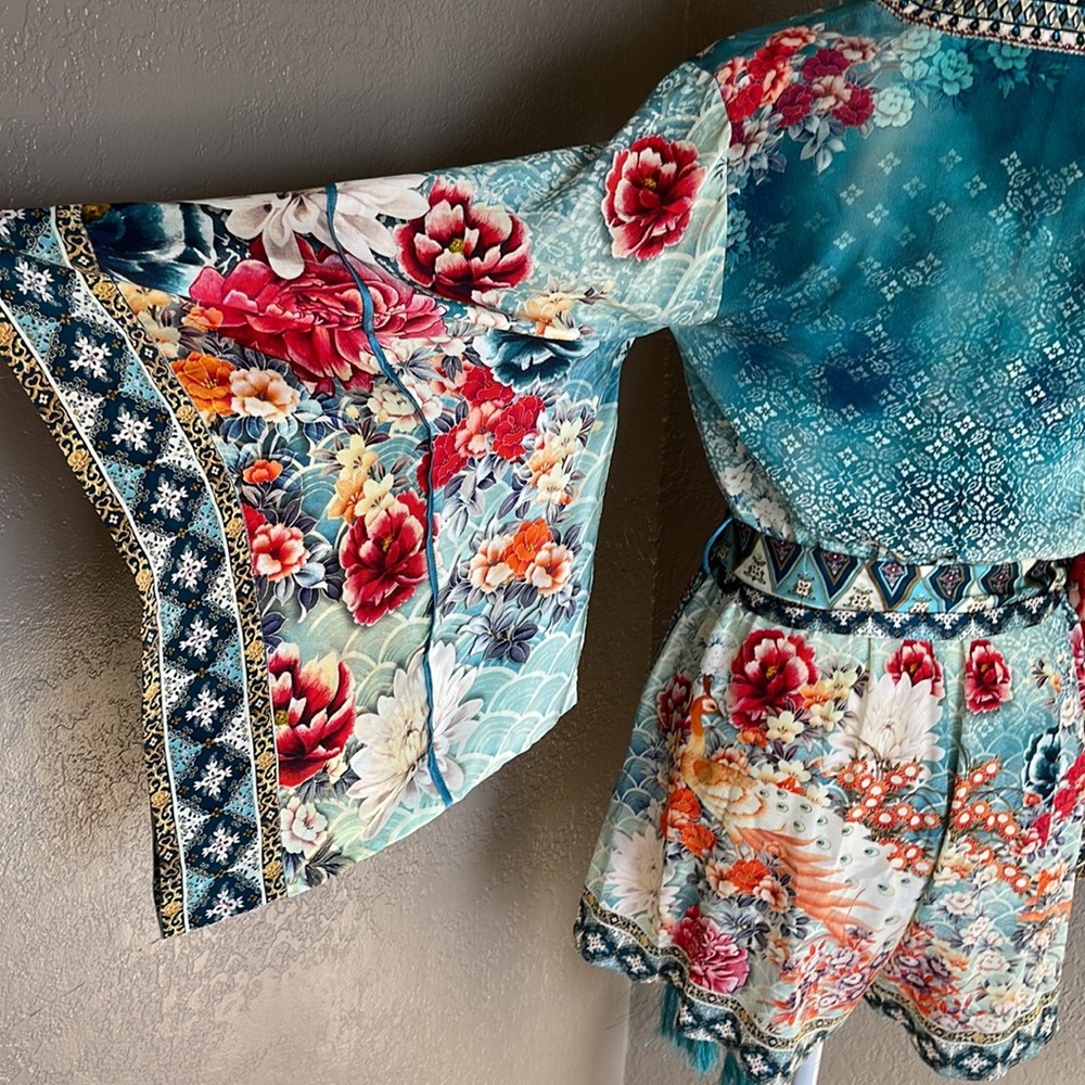 Camilla Teal Floral Print Short Romper with Kimono Sleeves - Picture 5 of 12